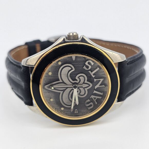 VTG Fossil New Orleans Saints NFL Men Watch 37MM Black Leather Bands New Battery - Picture 1 of 13